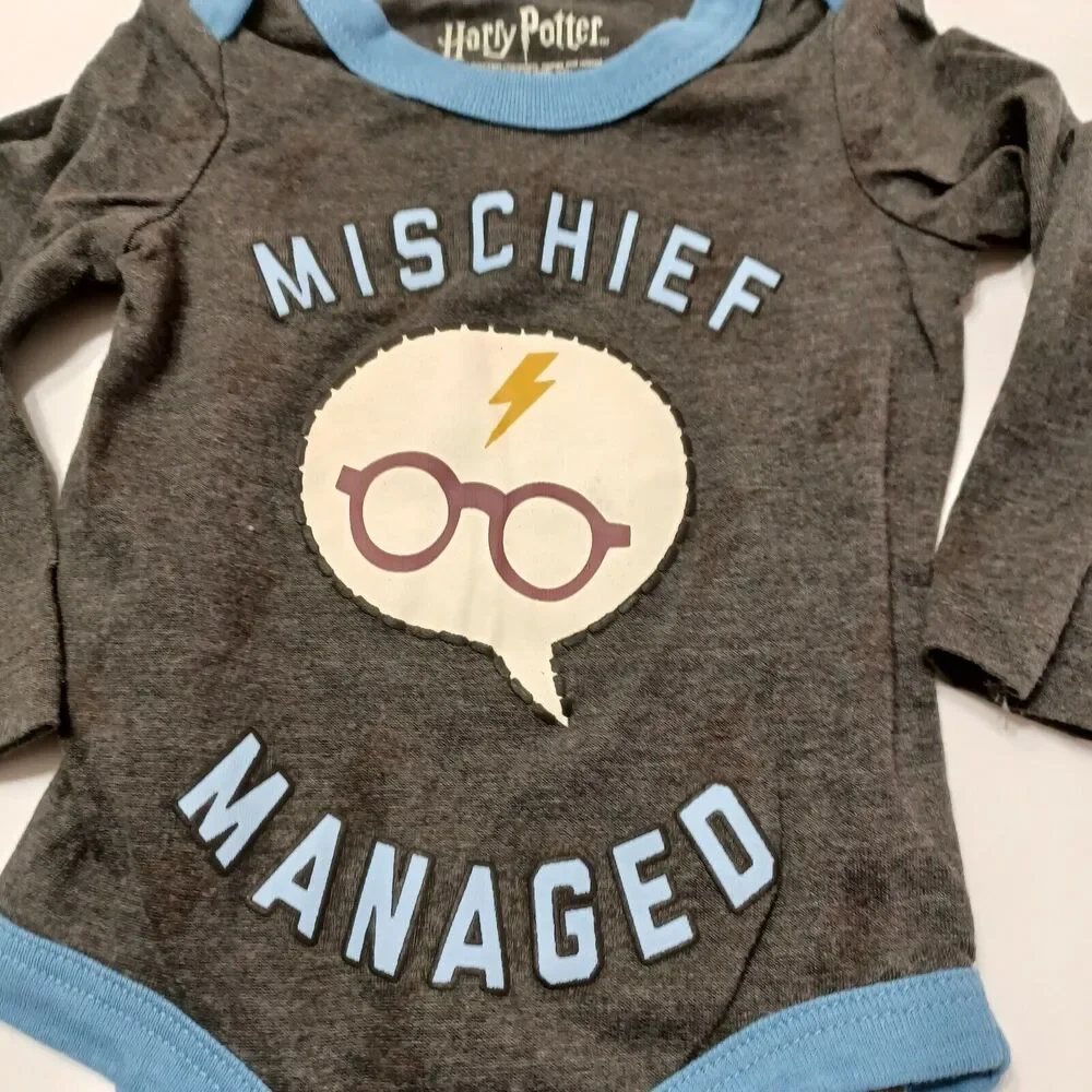 Harry Potter Unisex NB Bodysuit Mischief Managed Heathered Grey Blue Snap Button